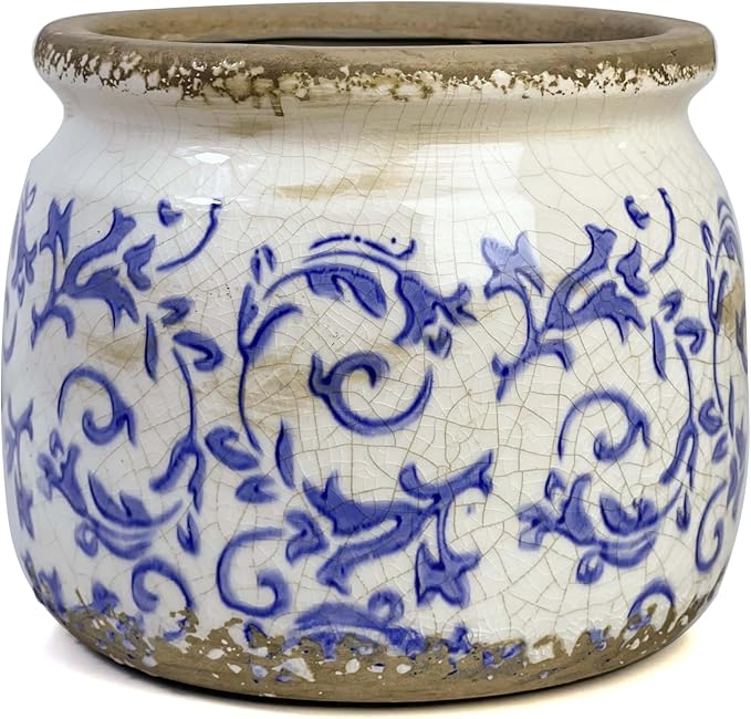 Vintage Ceramic Ice Crack Flower Pot with Drainage Holes, Country Rustic Planters for Indoor and Outdoor,Tuscan Decor,Home,Living Room, Garden Decor, Gardening Gift (Tropical)