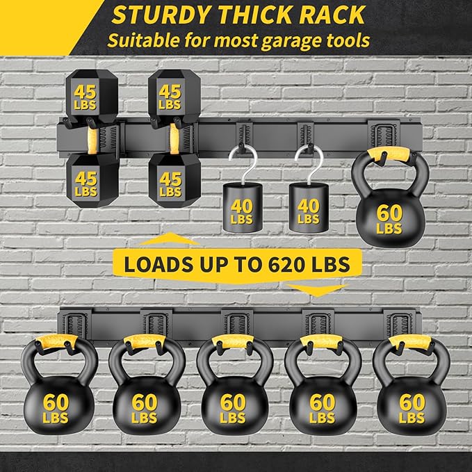 64 Inches Garage Storage, Garage Organization, Wall Mount Garden Tool Organizer, Max 620lbs Adjustable Metal Hooks, Yard Shed Rack, Tool Holder for Hanging Rake Broom Mop Snowboard, Home Gift