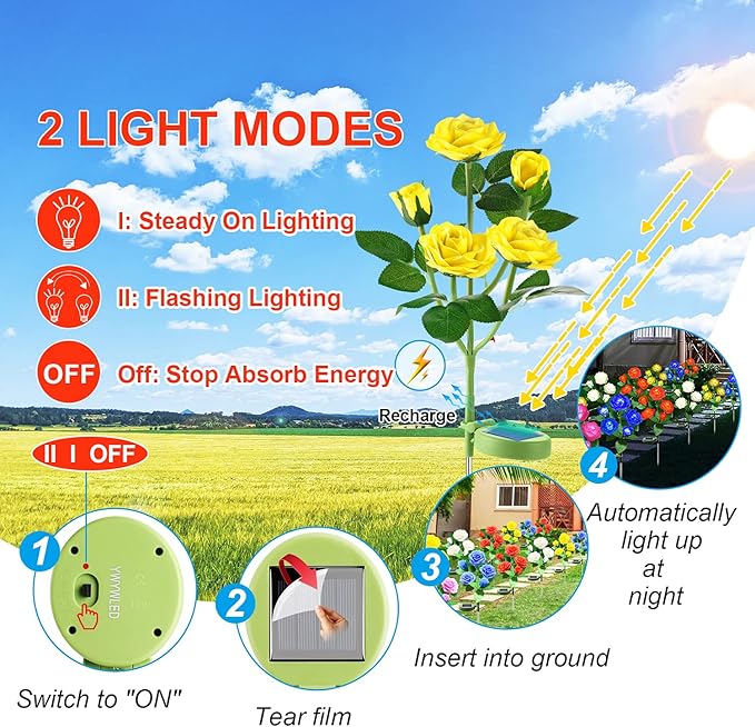 Solar Flower Lights Outdoor - Upgraded New Material Two Modes Realistic LED Solar Powered Waterproof Lights with 5 Roses, Solar Decorative Stake Lights for Garden (Yellow, 1 Pack)