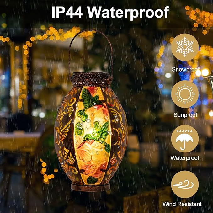 Hanging Solar Lantern Outdoor Waterproof Glass Solar Hummingbird Flickering Flame LED Garden Lights Metal Hollowed-Out Table Lamps Garden Decorations for Yard Patio Pathway Tabletop Tree Holiday