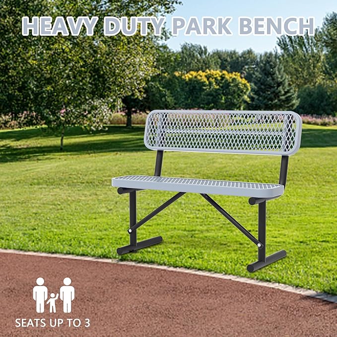 Heavy Duty Park Bench with Back Portable Frame, Outdoor Steel Bench with Backrest, Outdoor Park Bench Expanded Metal Mesh Bench for Lawn, Park, Deck, Garden, Patio, Porch, Black (Gray, 4FT)