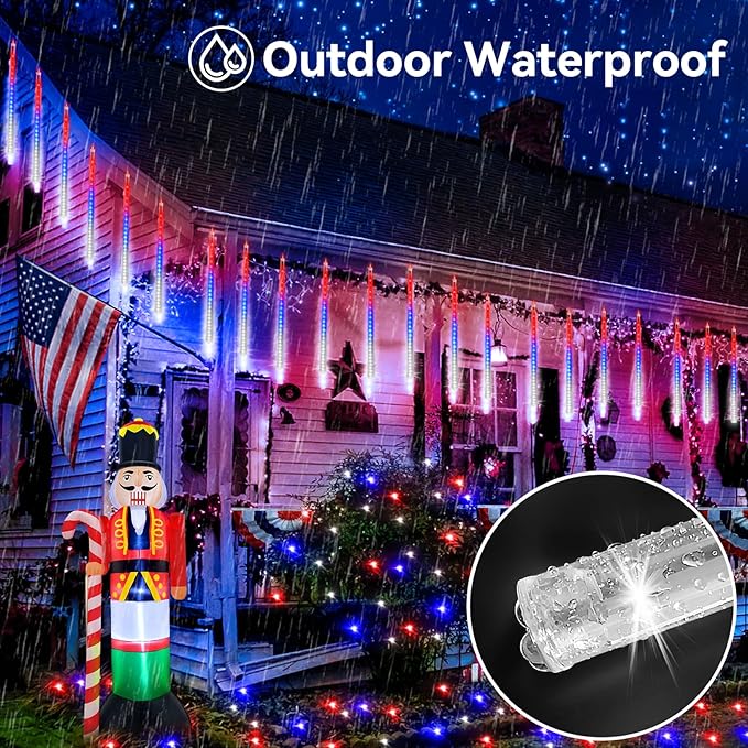 KNONEW 24 Tube Red White and Blue Meteor Shower Lights 4th of July Decorations,16 in 672 LEDs String Lights,52FT Plug in Waterproof Outdoor Lights for Independence Day House Tree Party Decor