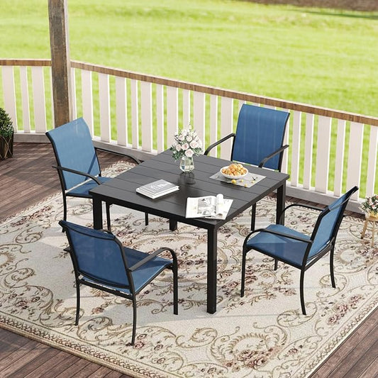 VICLLAX Patio Dining Set for 4, Outdoor Furniture Set Includes 40.2" Square Patio Table and 4 Stackable Patio Sling Chairs, Patio Table and Chairs for Outsides, Black Table and Blue Chairs