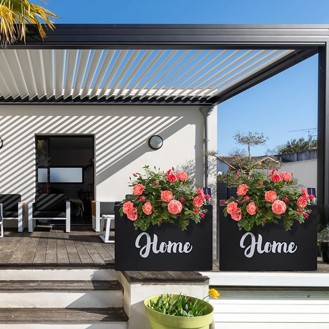 Metal LED Planter Box Rectangular Block - Galvanized Steel Long Planters Box with Solar Light Outdoor All-Weather Use with Drainage Holes for Cafe Bar Mall Patio/Porch/Entrance, 35.5×24×12IN（Home）