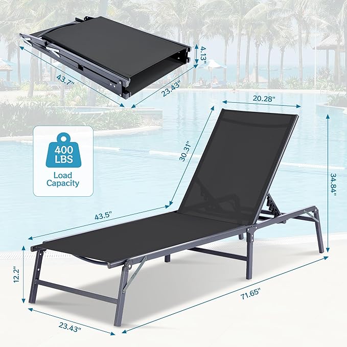 Outdoor Chaise Lounge Chair, Foldable & Assemble-Free, 6 Adjustable Positions, Durable Rust-Resistant Frame, Portable Outdoor Pool Lounge Chairs for Pool Patio Beach, Black