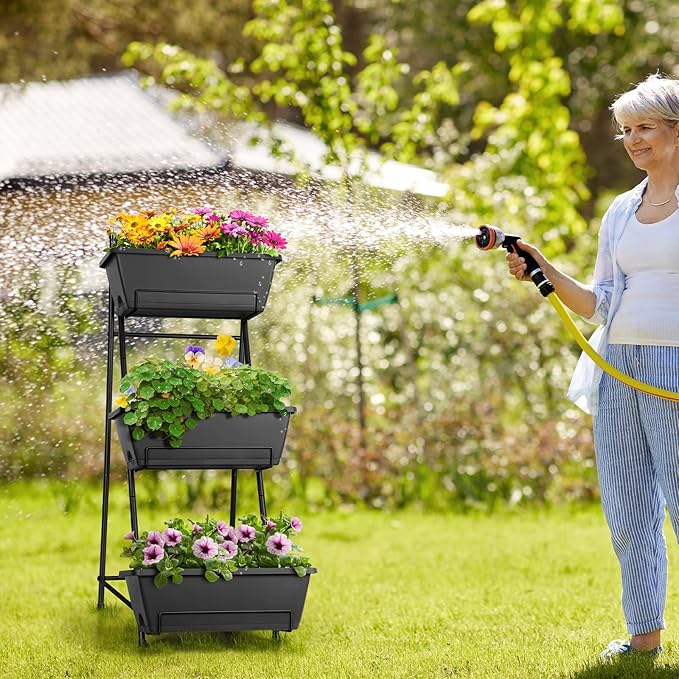 Vertical Garden Planter 3 Tier Raised Garden Bed Freestanding Elevated Raised Planter Boxes Outdoor Herb Planter Stand with Removable Tray on Patio Balcony Porch Grey