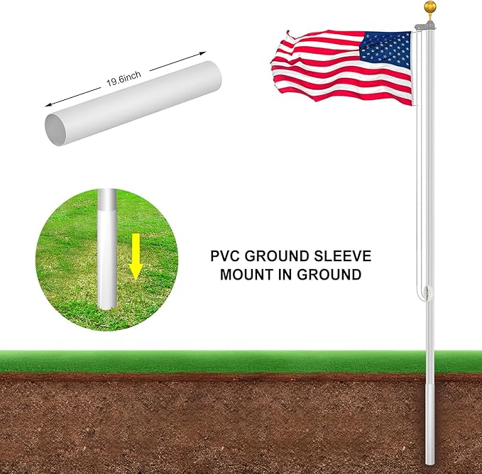 Flag Pole Kit 25FT, 12 Gauge 1.8mm Thickness Heavy Duty Flag Poles with 3x5 American Flag, Silver Flag pole for Outdoor House In Ground, Extra Thick Flagpoles Suitable for Yard and Garden