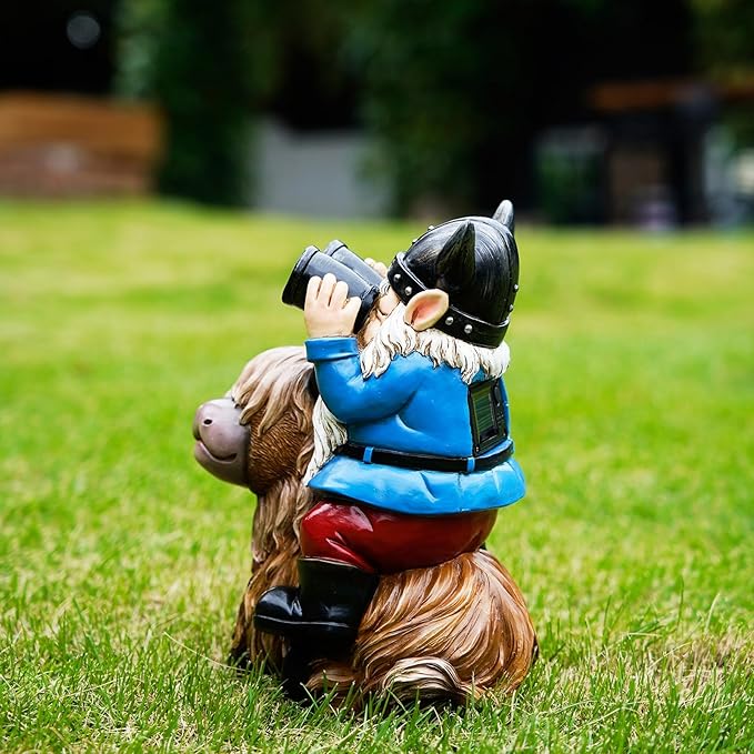 Tolimi Garden Gnome Sitting on Highland Cow Outdoor Statue wiht Solar LED Light Funny Decoration for Yard and Patio Gifts (Gnome)