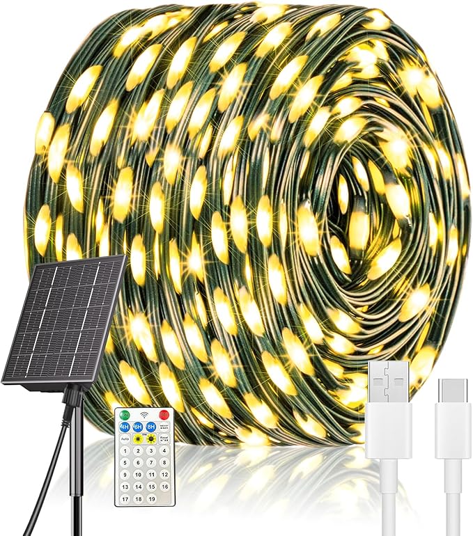 Solar Christmas Lights, 640 LED Solar String Lights 203ft 19 Modes Outdoor String Light for Xmas Trees, Festival, Balcony, Garden Decoration,Warm White