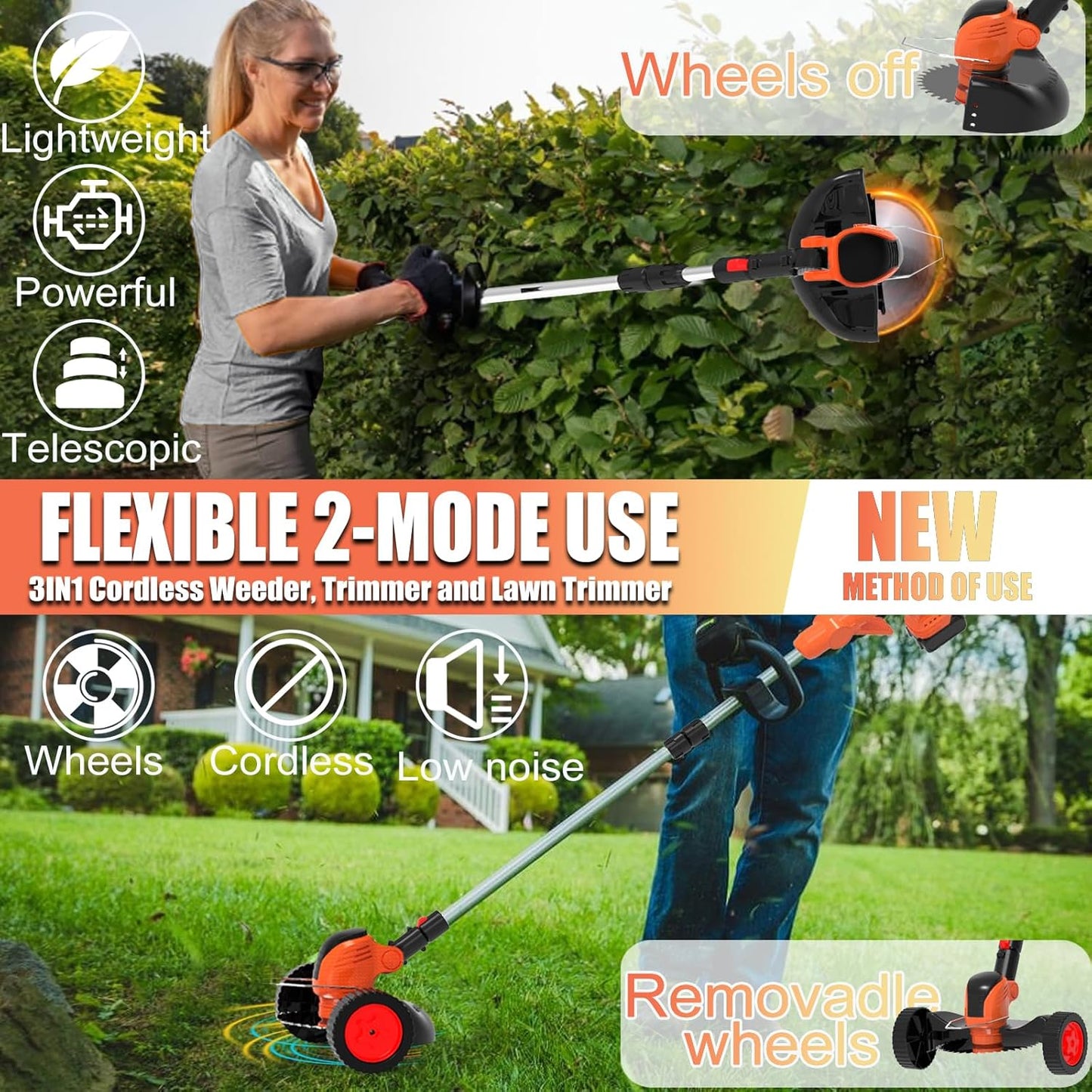 Electric Weed Wacker Cordless Eater Battery Powered 21V Lightweight No-String Weed Trimmer 3 in 1 Stringless Grass Trimmer/Edger/Brush Cutter with 3 Types Blade & Wheels for Yard and Garden-Orange
