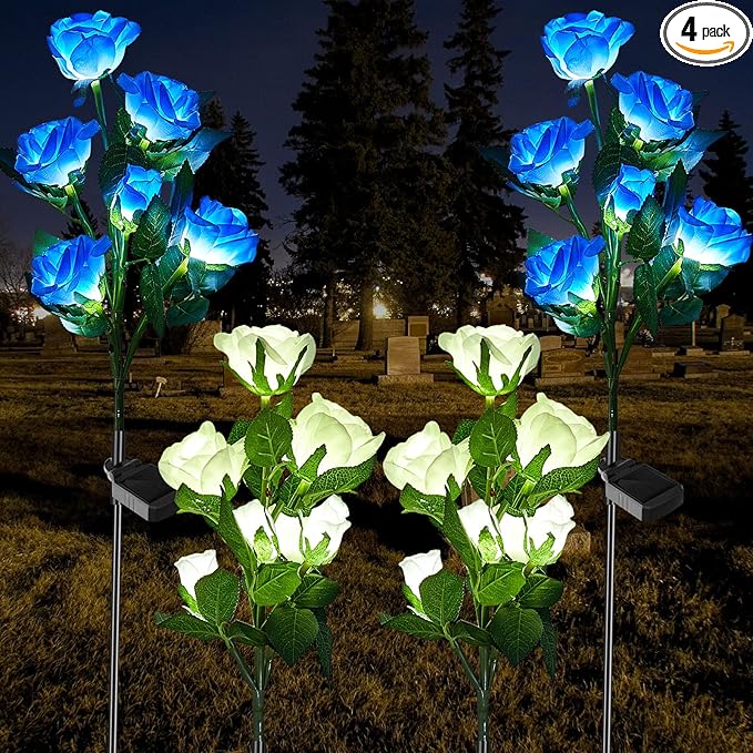 Woanger 4 Pcs Solar Flowers Cemetery Grave Decorations Outdoor LED Flower Lights with 6 Rose Powered Garden Stake Lights Waterproof for Independence Day Grave Decorations(Blue, White)