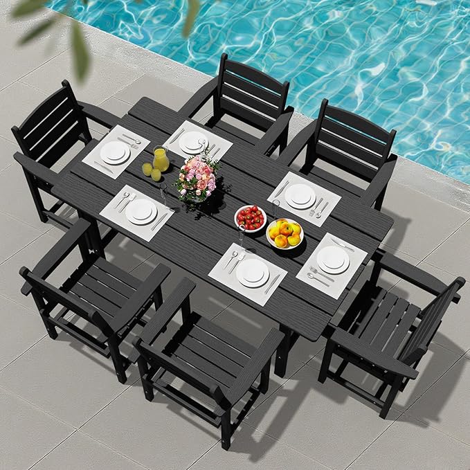 Patio Dining Set for 6 with Umbrella Hole - 66" Outdoor Table & 6 Chairs, All-Weather HDPE Outdoor Furniture for Lawn, Garden, Backyard, Poolside, Black