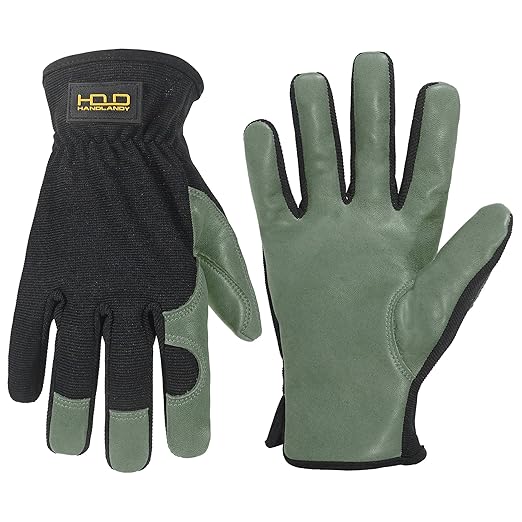 HLDD HANDLANDY Leather Gardening Gloves for Men, Utility Work Gloves for Gardening, Yardwork, Construction, Mechanics with Reinforced Palm, Green S