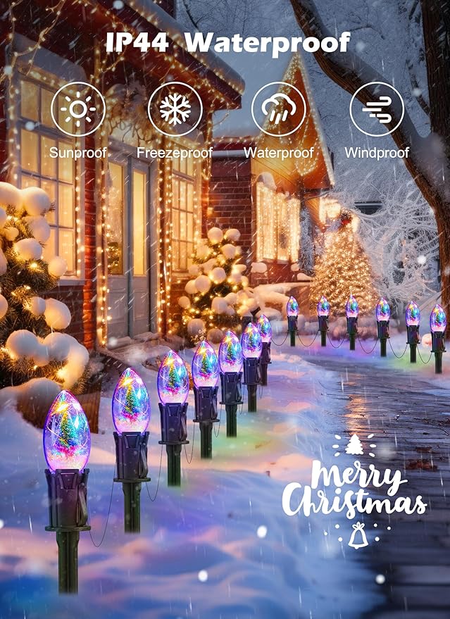 C9 Christmas Pathway Lights Outdoor, 25Ft 20 LED Christmas String Lights with Stakes, 4 Light Modes, Waterproof Connectable Christmas Decorations for Outside Lawn Yard Sidewalk Driveway, Multicolor
