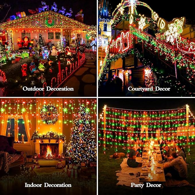 960 LED 98FT Christmas Lights Plug in 8 Modes with Timer Dimmable Christmas Decorations Outdoor Waterproof Indoor Curtain String Lights for Roof Garden Holiday Wedding Party Decor Red + Green