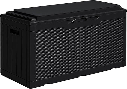 Greesum 100 Gallon Resin Deck Box Large Outdoor Storage with Cushions for Patio Furniture, Garden Tools, Pool Supplies, Weatherproof and UV Resistant, Lockable, Black