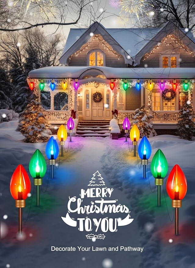 Super Jumbo C9 Christmas Pathway Lights - 11FT 5 LED Jumbo Christmas Walkway Lights, Multicolor Christmas Decoration Outside, Waterproof Giant Christmas Lights Outdoor Decoration for Yard Holiday Lawn