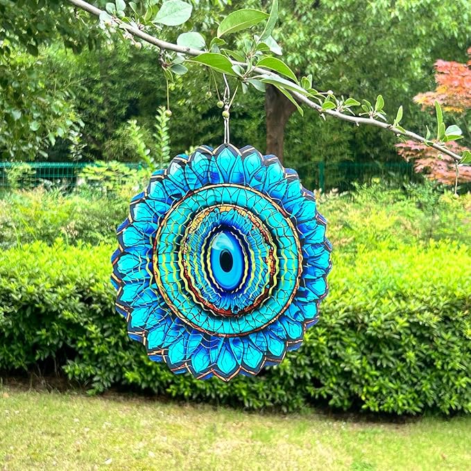 3D Wind Spinner Mandala 10 Inch Evil Eye Stainless Steel Wind Sculpture Blue Hanging Ornament Laser Cut Metal Art for Indoor Outdoor Garden Decoration Protective Amulet for Home and Yard