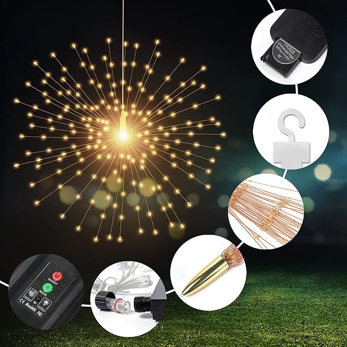 4 Pcs 800LED Solar Starburst Sphere Lights,Firework Lights Remote Control Timer 8 Modes Dimmable Waterproof Hanging Fairy Lights, Sparkly Lights for Patio Garden Tent Outdoor(Warm White)