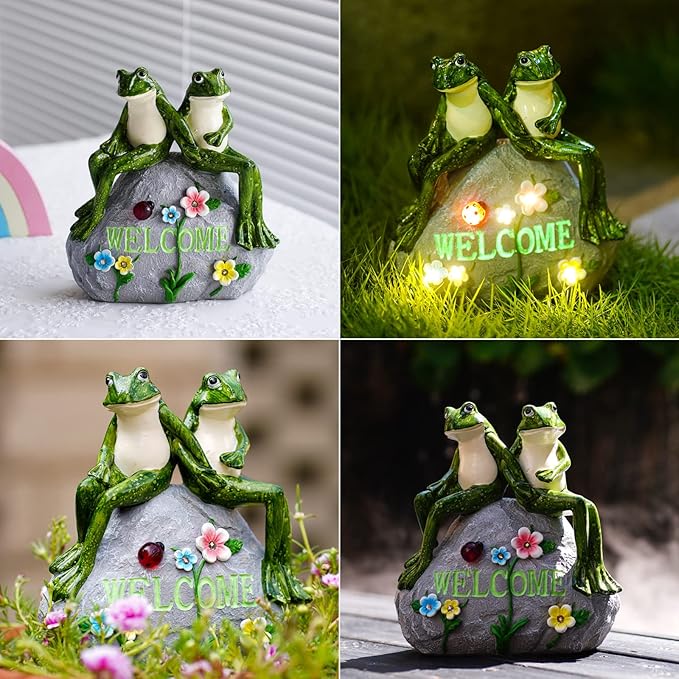 Nacome Solar Garden Outdoor Statues Frog with Succulent and 7 LED Lights - Lawn Decor for Patio, Balcony, Yard Ornament - Unique Housewarming Gifts