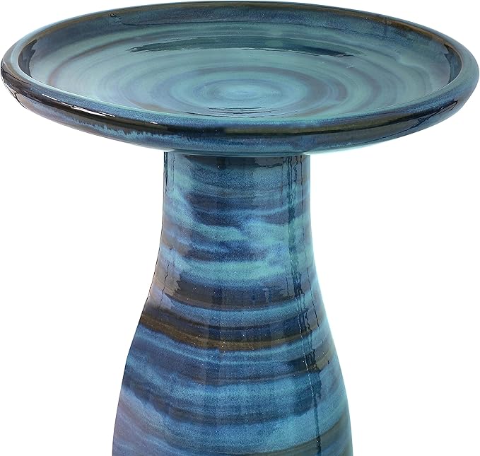 Sunnydaze 21" H Ceramic Bird Bath for Outside - Hand-Painted Outdoor Bird Bath Bowl, UV/Frost-Resistant Finish - Galaxy Blue - Ribbed Pedestal