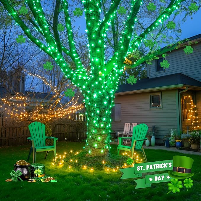 JMEXSUSS 2 Pack Green Solar Lights Outdoor, Total 400 LED 151FT Solar String Lights Outdoor Waterproof, 8 Modes Green Light for St Patrick's Day Patio Yard Tree Decorations