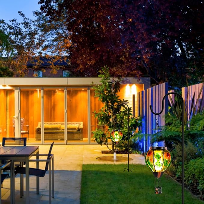 Hummingbird and Sunflower Solar Hot Air Balloon Lantern with Flame, Glass Hot Air Balloon Solar Lantern Outdoor Waterproof, Hanging Solar Lantern for Outside Garden Patio Tree Porch Yard