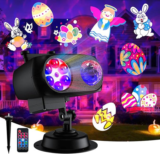 LED Projector Lights, Easter Decor Outdoor&Indoor Rotatable Lamp, Halloween Christmas Projector with 10 Themes, Waterproof Landscape Decorative Lighting Garden Party New Year Xmas