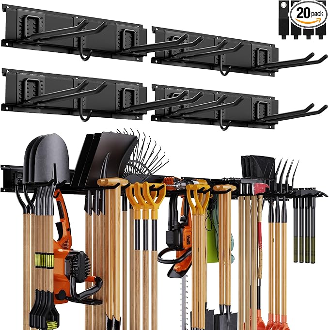 Garage Organizer Wall Mount, 64 Inch Garage Storage Organization, 20PCS Heavy Duty Garden Tool Organizer, Adjustable Tool Storage Rack Hooks, Yard Shed Tool Organizer, Hold Max 900 lbs