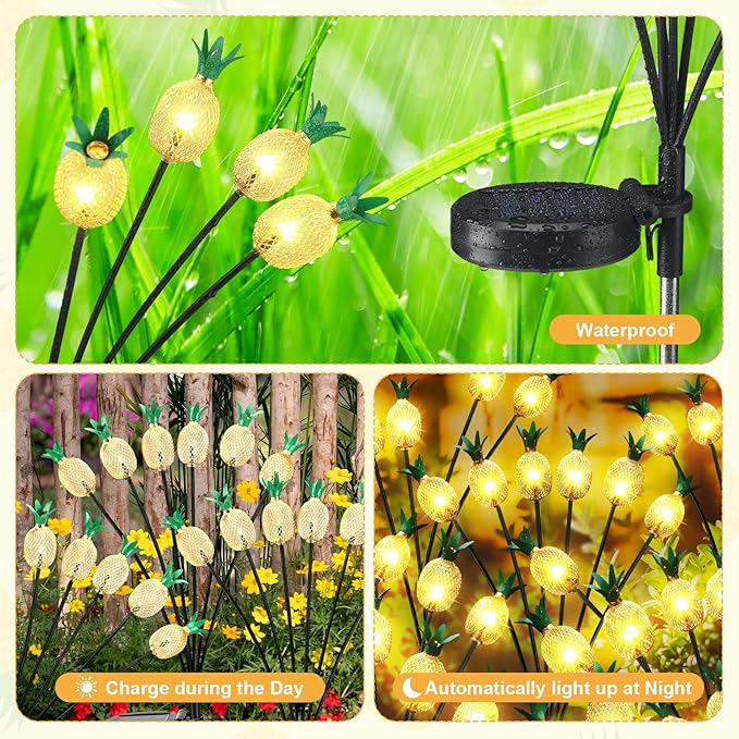 4 Pack Pineapple Patio Solar Lights Waterproof Solar Energy Powered Swaying Stake Lights Summer Outdoor Garden Yard Landscape Tropical Decor