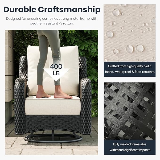 7 Pieces Outdoor Patio Furniture Sets with Rocking Swivel Chairs with 6-inch Thick Cushion and Fire Pit Table for Deck Lawn