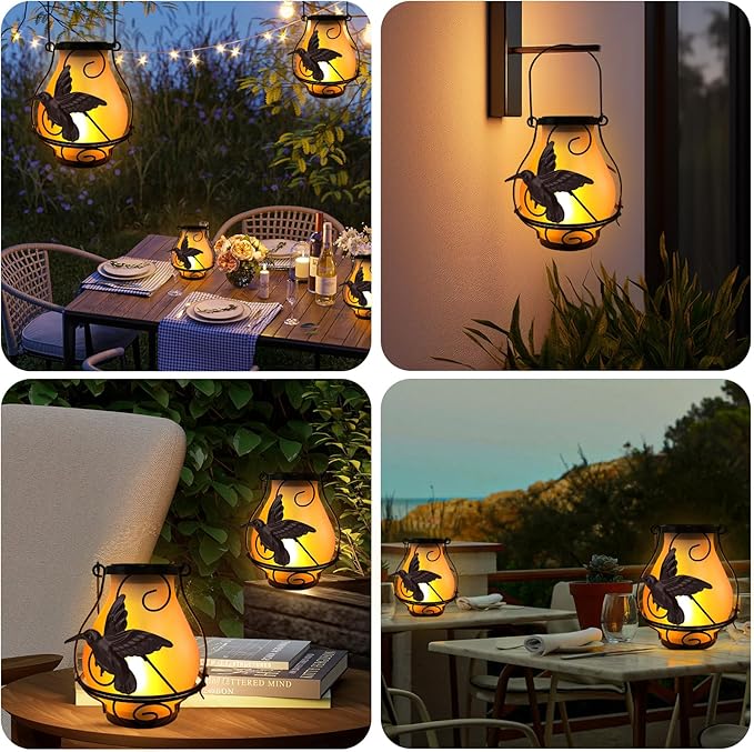 Solar Lanterns, Hanging Outdoor Lantern with Hummingbird LED Flickering Flameless Candles, Solar Lanterns Outdoor Waterproof for Table Party Decorative Yard Pathway (Hummingbird)