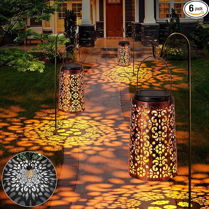 Outdoor Solar Lanterns - Hanging Solar Lights Halloween Lights Metal Lantern Decorative for Patio Garden Yard Backyard Table Tree Outside Lighting Cool/ Warm Light (6 Pack