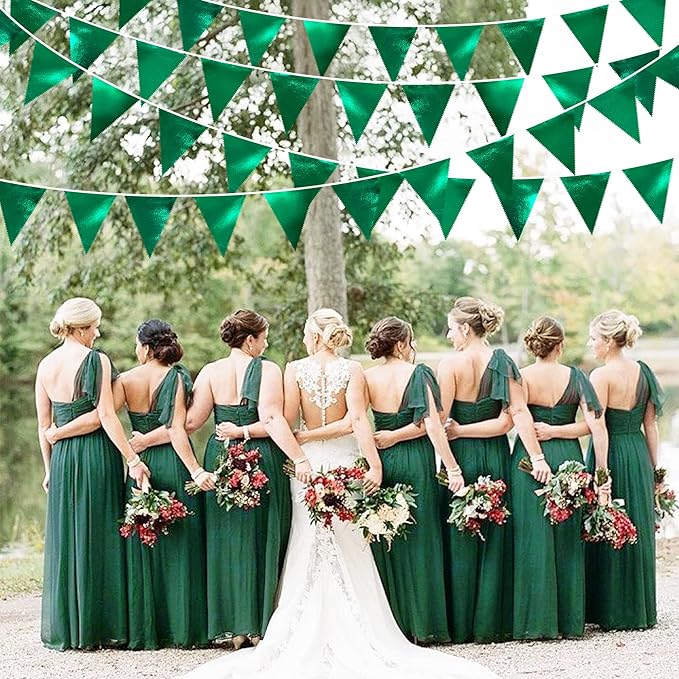 Green Party Decorations Triangle Pennant Banner Flag Dark Green Metallic Fabric Bunting Garland for Graduation Wedding Bridal Shower Birthday Baby Shower Holiday Retirement Game Party Supplies