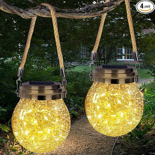 Solar Lantern Crackle Glass Ball, 4 Pack Garden Hanging Solar Lights Outdoor Waterproof Lanterns with 30 Warm White LED for Outdoor Decor Patio Yard Lawn Pathway