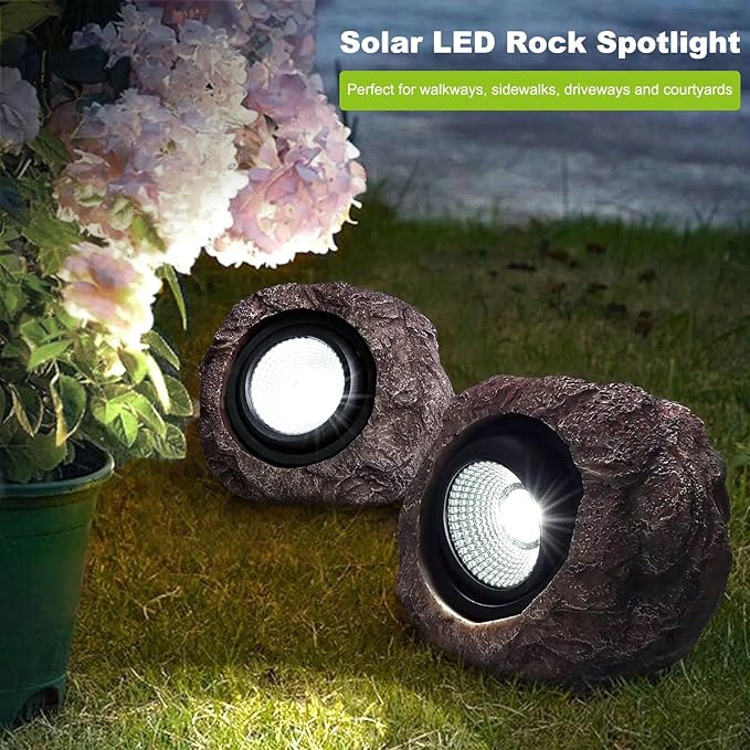 2 Pack Solar Rock Lights, Outdoor Decorative Garden Spotlights for Pathway, Walkway, Yard, Landscape, Patio