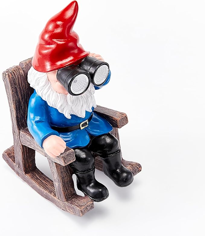 Solar Garden Gnome Statues Resin Gnome Figurines Sitting on Rocking Chair Outdoor Telescope Gnome Gifts for Yard, Patio Decor Gift