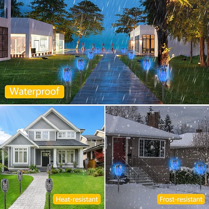EOYIZW Solar Lights Outdoor, 12 Pack Blue Solar Torch Light with Flickering Flame, 12 LED Tiki Torches for Outside Lights Waterproof Landscape Easter Decoration Outdoor for Garden Yard