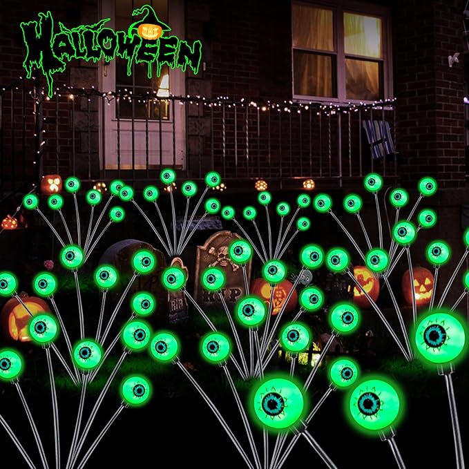 TONULAX Halloween Decorations Outdoor, 2 Pack Upgraded Solar Scary Eyeball Lights with Dual Lighting Modes, Swaying Firefly Lights, Solar Pathway Light for Yard, Garden,Yard Decor, Party (Green)