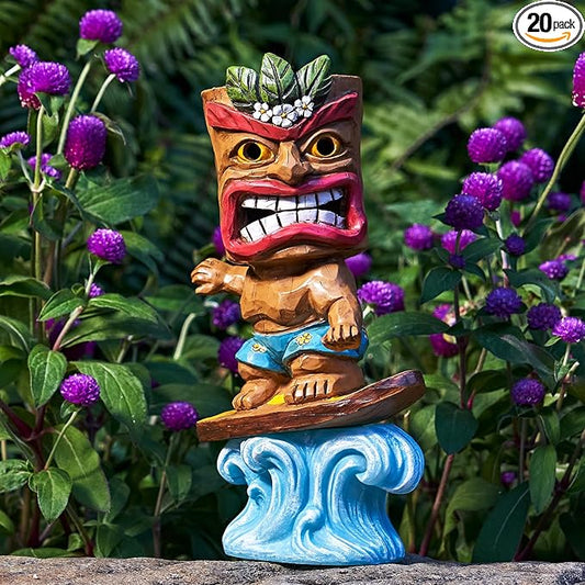 Solar Tiki Statue Outdoor Decor-Tiki Bar Decor-Garden Tiki Surfing Statues Waterproof Decoration Figurine for Tiki Bar,Patio,Balcony,Yard,Lawn,Table,Desk 9.92 Inches Tall