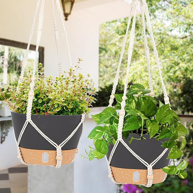 QCQHDU 2 Pack Hanging Planters for Indoor Plants, Outdoor Hanging Baskets, Self Watering Pots with Drainage Holes & Removable Tray (Dark Grey, 10 inch, Macrame Hanger)