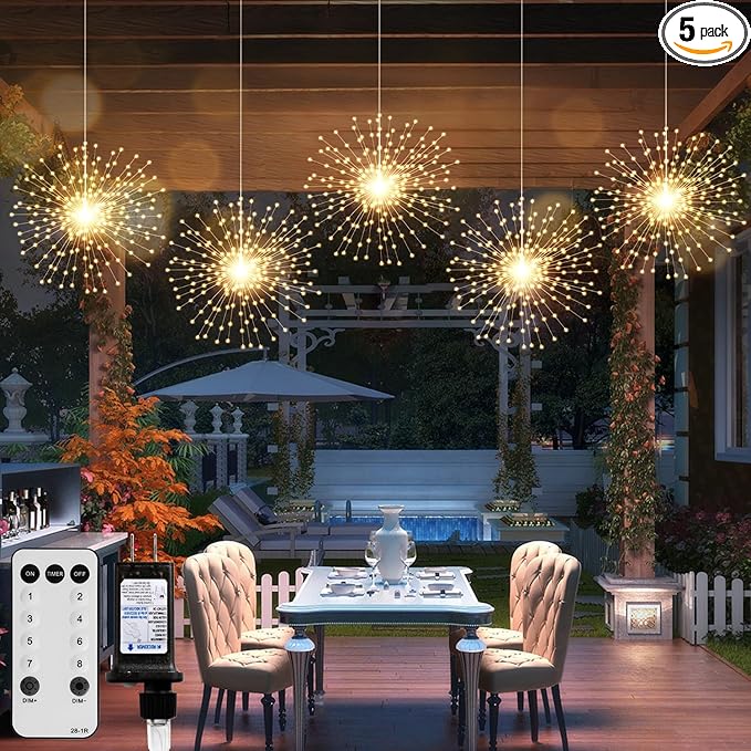 5 Pack Firework String Lights Christmas Lights, 200 LED 8 Modes Hanging Starburst Lights for PartyGarden Decoration (Warm White)