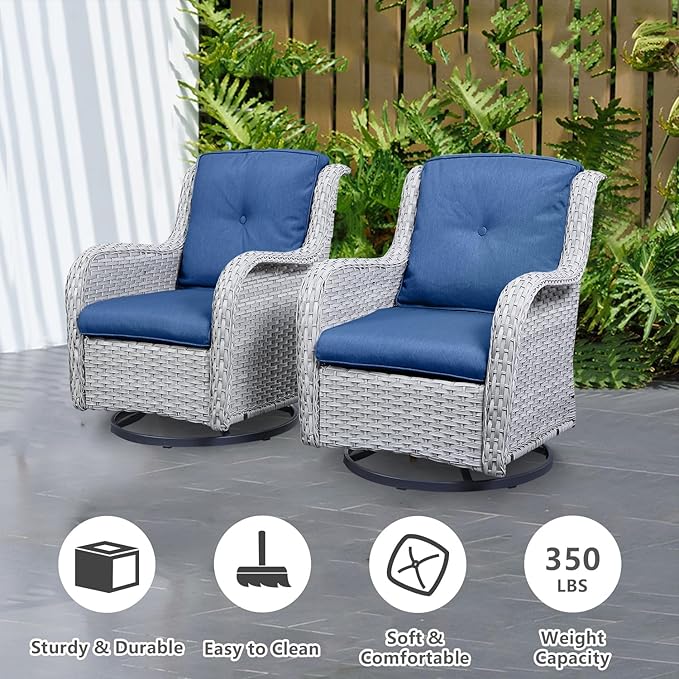 Wicker Patio Furniture Sets - 8 Piece Outdoor Rattan Furniture Conversation Sets with 4 Swivel Rocker Chairs, Rattan Sofa, Wicker Ottomans and Coffee Table, Light Grey/Blue
