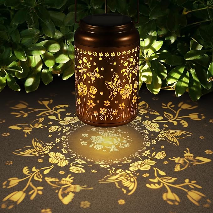 Solar Lantern Outdoor Hanging Lights Christmas Birthday Gifts for Women Mom and Grandma Butterfly Flower Metal Garden Decor Outside Waterproof LED Solar Lanterns for Patio, Yard, Pathway,Landscape