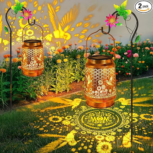 2 Pack Solar Lanterns Outdoor Garden Decor with Shepherd Hook, Gardening Gifts for Mom Grandma Women Hummingbird Sunflower Metal Decor Waterproof Solar Lights LED Decorative for Garden Yard Patio