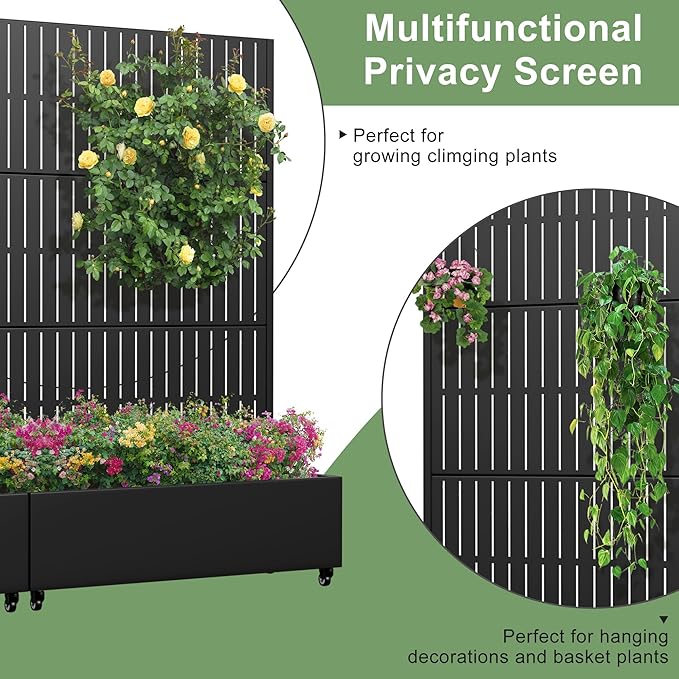 Casaphoria Metal Raised Garden Bed with Trellis and Wheels, 72"x47"x16" Planter Box for Climbing Plants, Vegetables & Vines, Features Drainage Holes and Privacy Screen (Black)