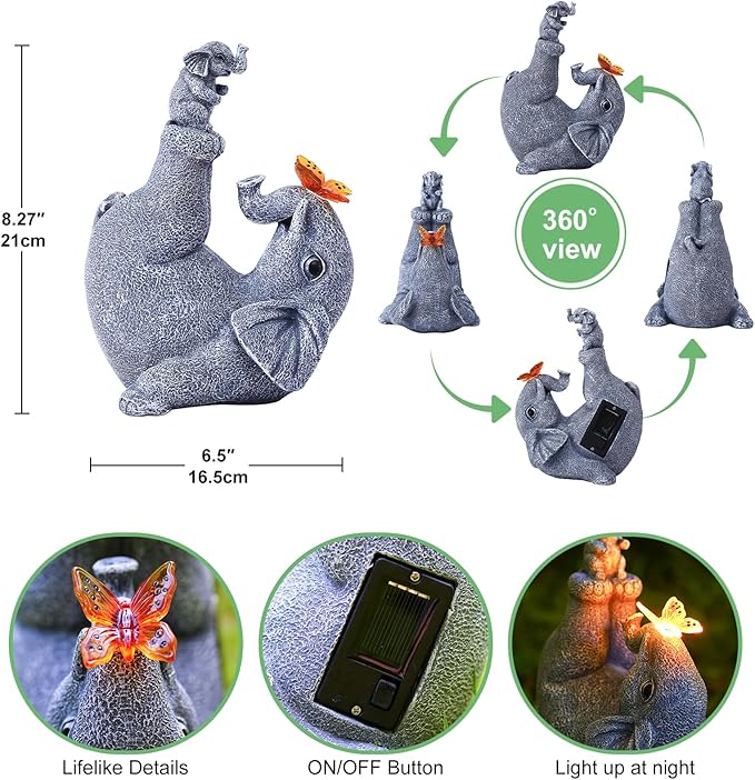 Solar Elephant Statues for Garden Decor - Elephant Handstand Mother&Son Solar Statue with Solar Butterfly,Best Birthday Gifts for Mom,Women