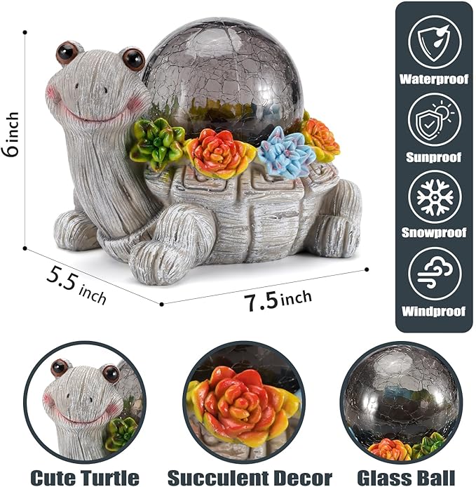 Solar Turtle Garden Statue Lights for Outdoor Decor with Cracked Glass LED Figurine Lighting Resin Succulent Tortoise Decorations Patio Lawn Yard Housewarming Mom Gifts (Grey, Large)