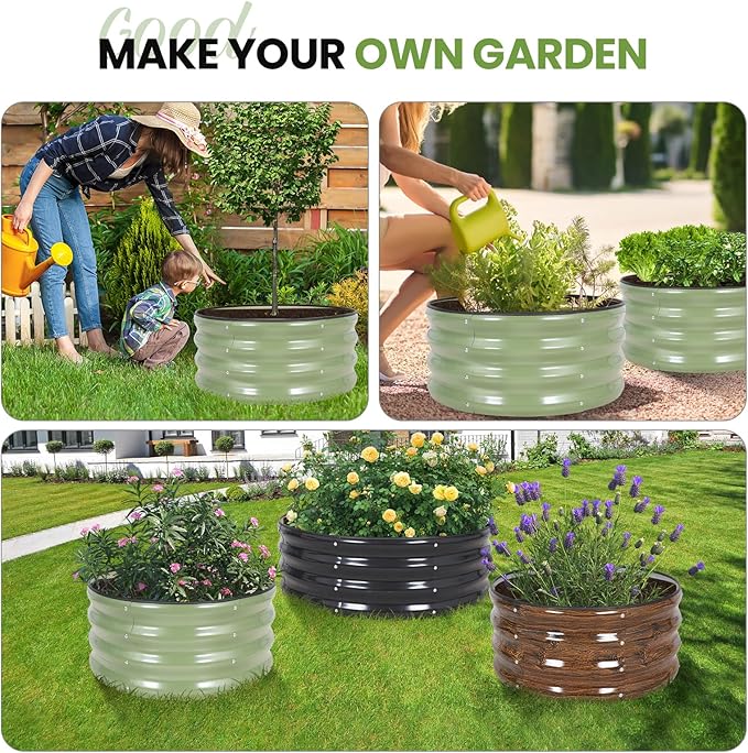 G GOOD GAIN Round Raised Garden Bed - 2Pcs 2x2x1ft Galvanized Steel Planter Boxes Outdoor with Rubber Edge Trim | Metal Raised Beds for Gardening Vegetables Flowers Fruits Herbs (Olive Green)