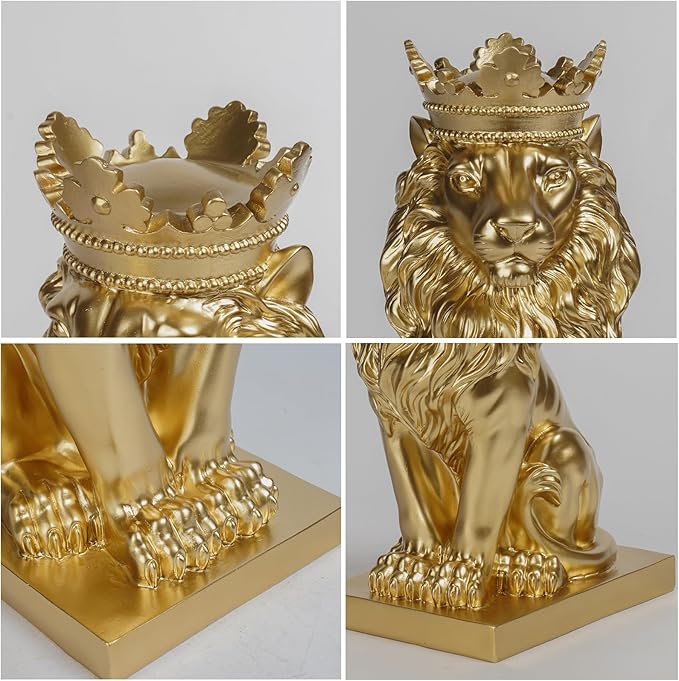 Gold Room Décor Lion Statue – 15 Inch Gold Statue Lion Figurine House Decorations with Crown Lion Statues Home Décor Lion Decoration Décor for Living Room Gold Décor 8.5 * 5.5 * 15 Inch